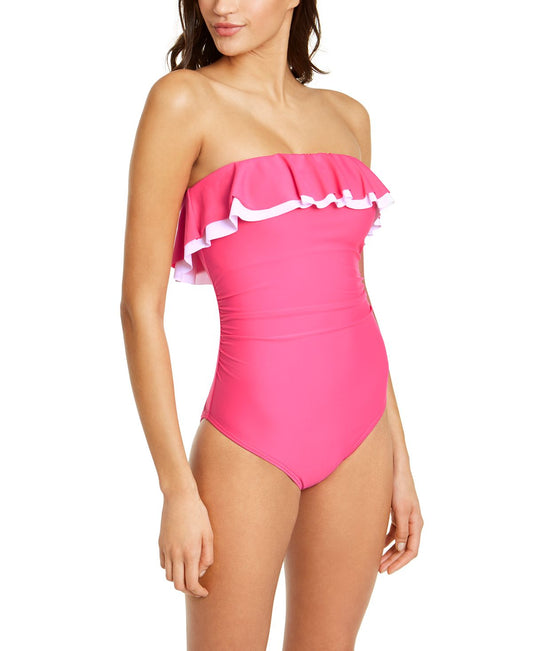 Tommy Hilfiger Solid Ruffle Strapless One-piece Swimsuit Pink